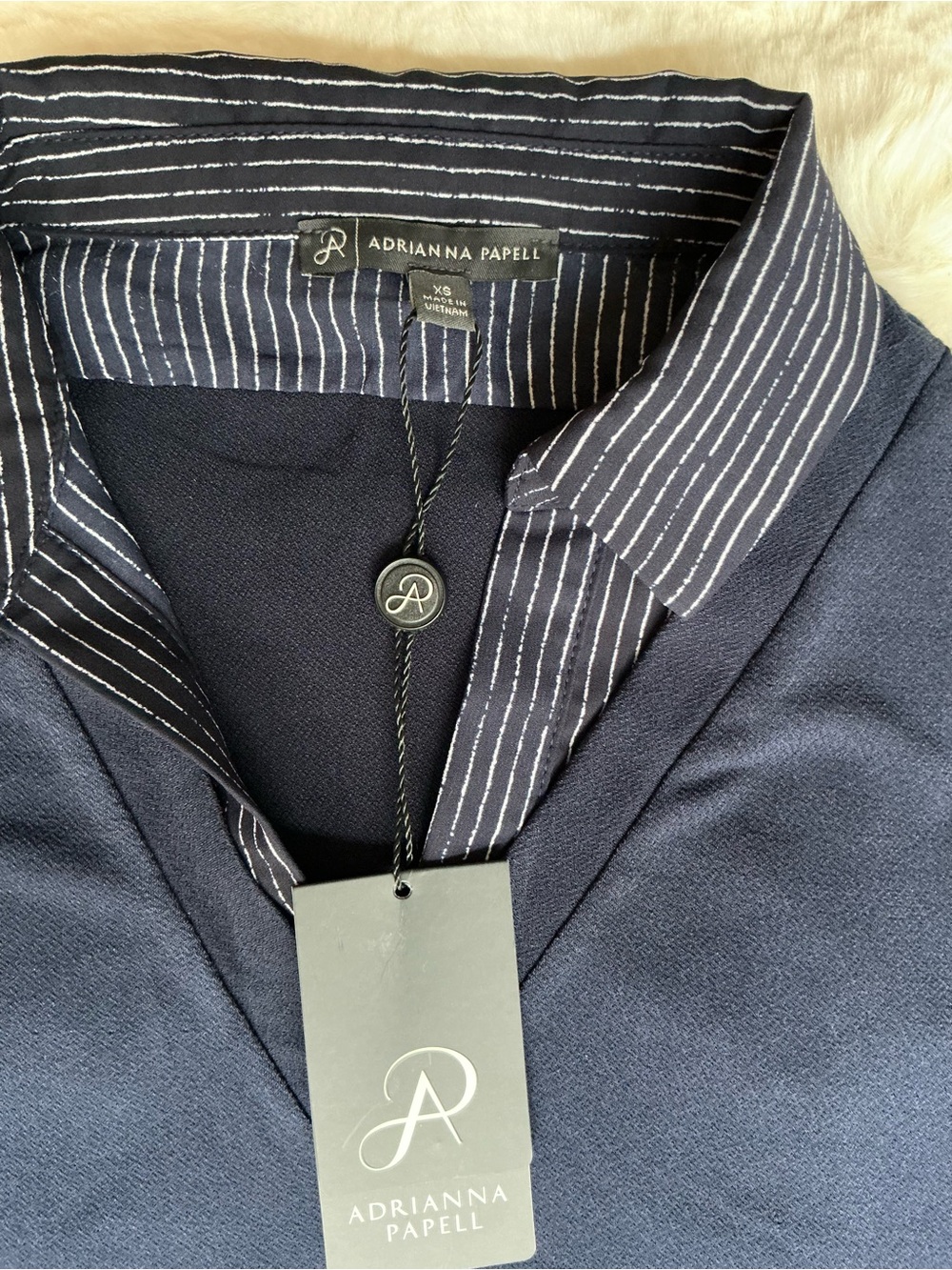 Adrianna Papell Navy Short-Sleeve Polo Top with Striped Trim - Picture 3 of 4